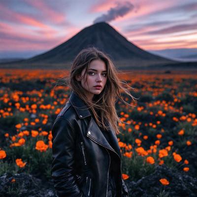 The primary subject of the image is a woman standing in a field of flowers. She is wearing a leather jacket and appears to be enjoying her time in the beautiful surroundings. The setting is a field with a mountain in the background, creating a picturesque and serene atmosphere. The visual style of the image is a photo, capturing the woman and her environment in detail. The colors and mood of the image are predominantly warm and inviting, with the vibrant colors of the flowers and the woman